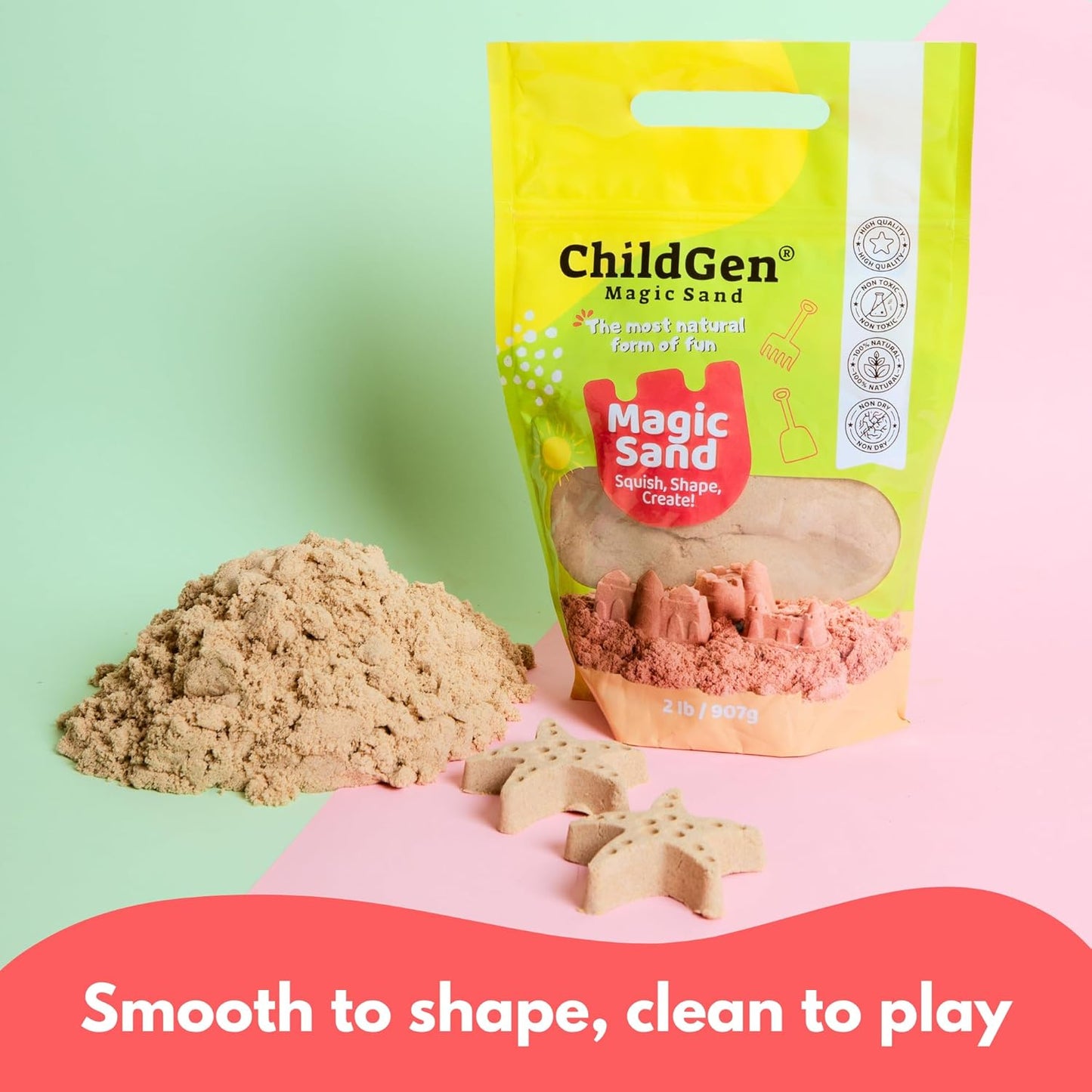 ChildGen Magic Sand, 2lbs Natural Sea Sand in Resealable Bag, Non-Toxic Play Sand for Kids, Soft, Moldable, Mess-Free Sensory Play (Green)