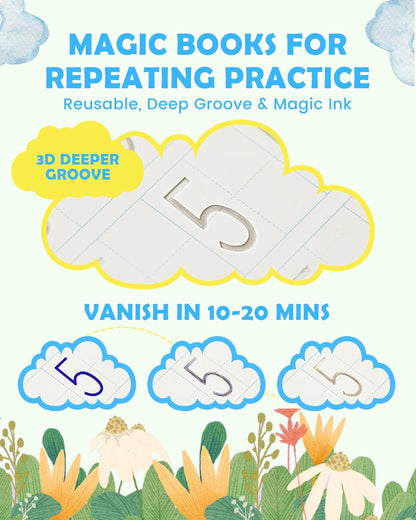 Large Magic Handwriting Practice Workbooks, Reusable Grooved Handwriting Practice for Kids 3-8, Toddler Writing Practice, Math Calligraphy, Letter Tracing, for Kindergarten Preschool, The Fun Kit