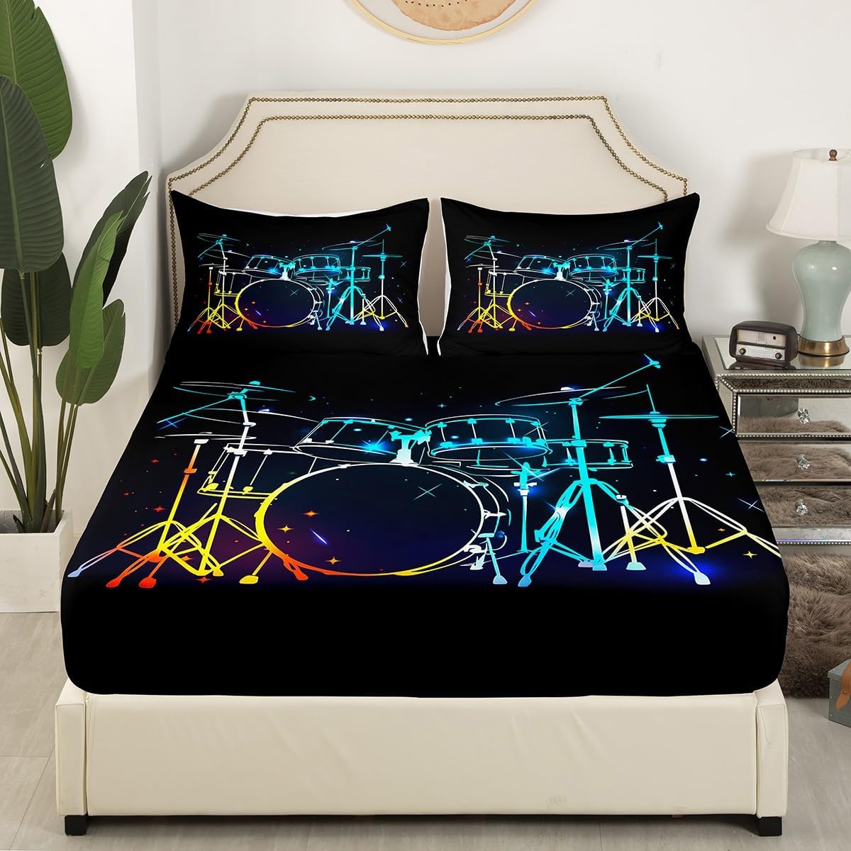 Drum Kit Fitted Sheet,Full Size Rock Music Collections Musical Instruments Theme,Soft Decorative Fabric Bedding Deep Pocket for Children Teens Young Boys Girls,with 2 Pillowcases