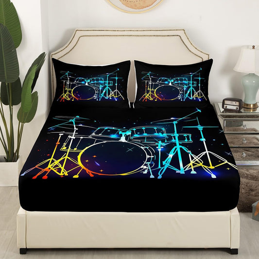 Drum Kit Fitted Sheet,Full Size Rock Music Collections Musical Instruments Theme,Soft Decorative Fabric Bedding Deep Pocket for Children Teens Young Boys Girls,with 2 Pillowcases