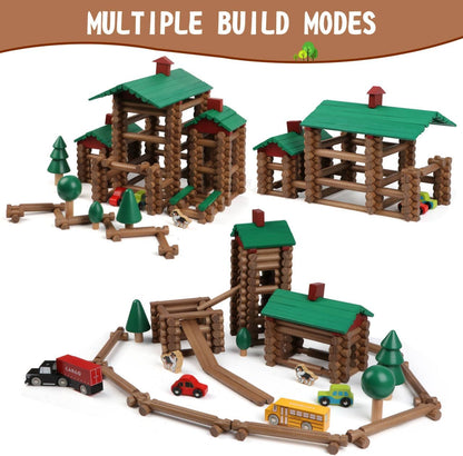 Wondertoys 208 Pcs Wooden Log Set - Classic Building Logs Ages 3+ - Best Retro Building Gift Set for Boys - Creative Construction Engineering Educational Gifts