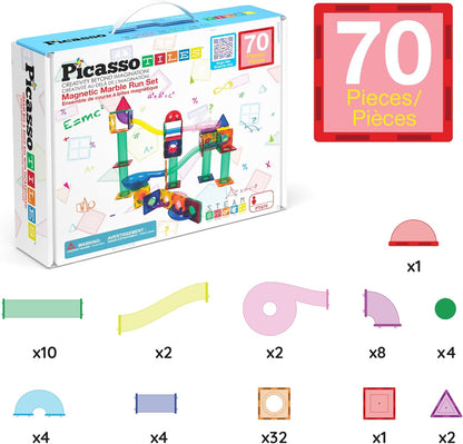 PicassoTiles 70pc Marble Run Magnetic Tiles STEM Set for Kids Ages 3 and Older Magnet Tile Marbles Maze Building Blocks Brain Development Toy Preschool Educational Learning Construction Playset PTG70