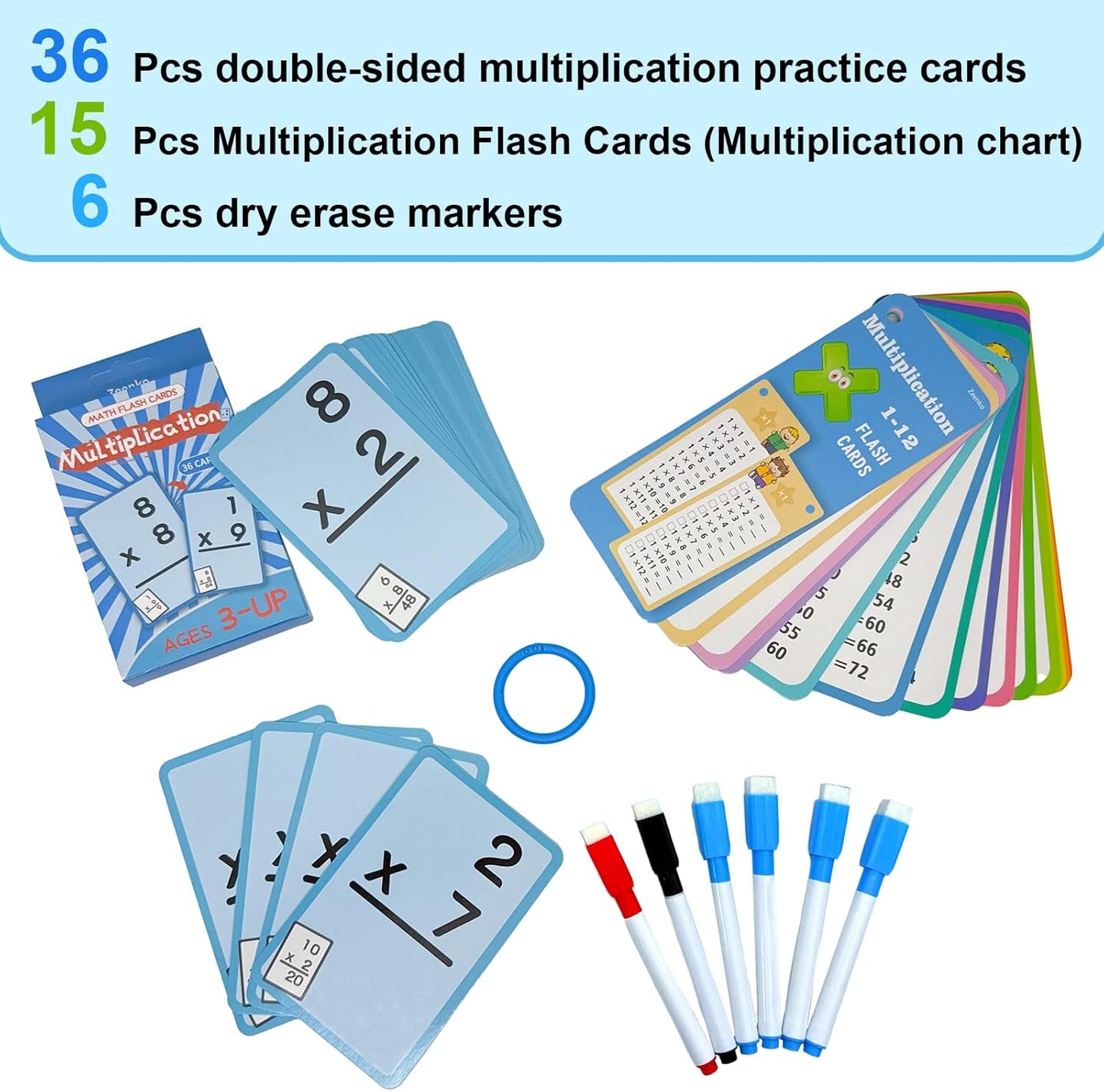 1-12 Math Flash Cards with 6 Dry Erase Pens, 15Pcs Big Multiplication Flash Cards + 36 Pcs Random Double-Sided Multiplication Practice Cards, Educational Math Flashcards for Kids Ages 6+