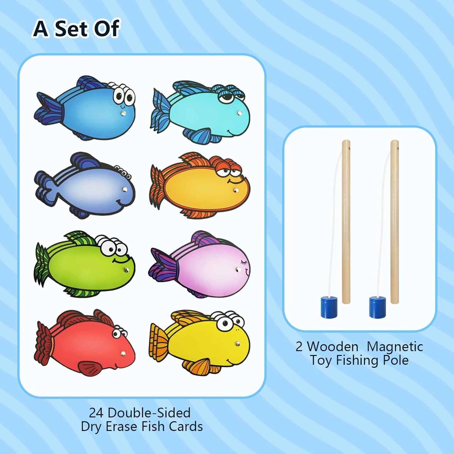 Magnetic Fishing Game, 24 Dry Erase Fish and 2 Wooden Toy Fishing Pole Sight Word Games Educational Toys for Kids, Kindergarten & Family