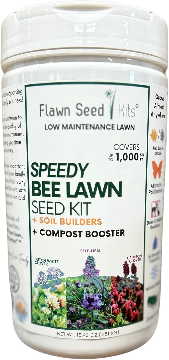 Flawn Seed Kits Speedy Bee Lawn, 500 SqFt, Dutch & Crimson Clover, Self-Heal, Easy to Spread, Low Maintenance, Pet, Kid, Eco-Friendly Regenerative