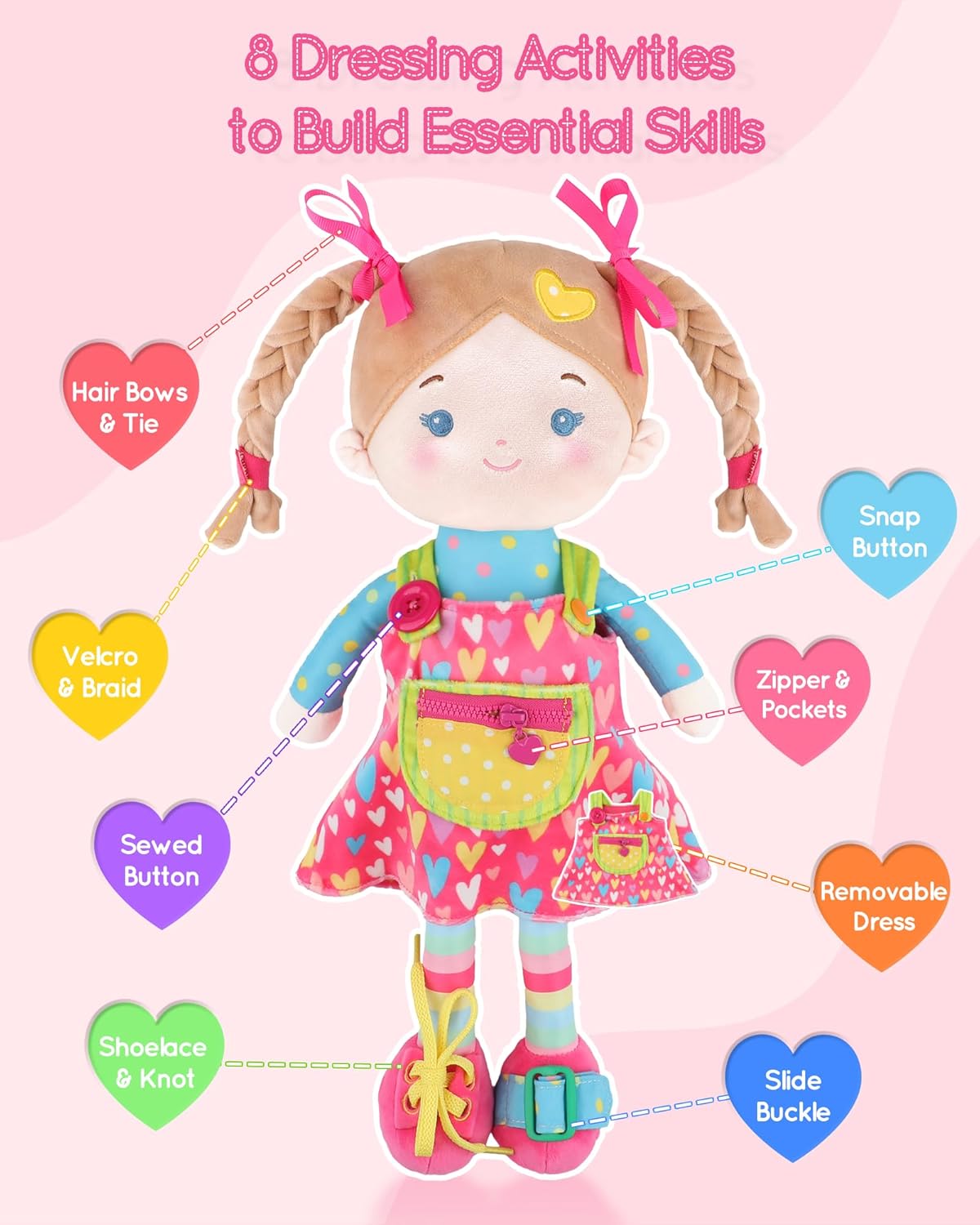 LeyaDoll Soft Bady Educational Soft Baby Doll(16''), Learning Sensory Doll for Toddlers, Montessori Toys for 2-Year-Old Girls Christmas, Birthday Gifts, Plush Doll with Button-Busy Cupcake-Girl