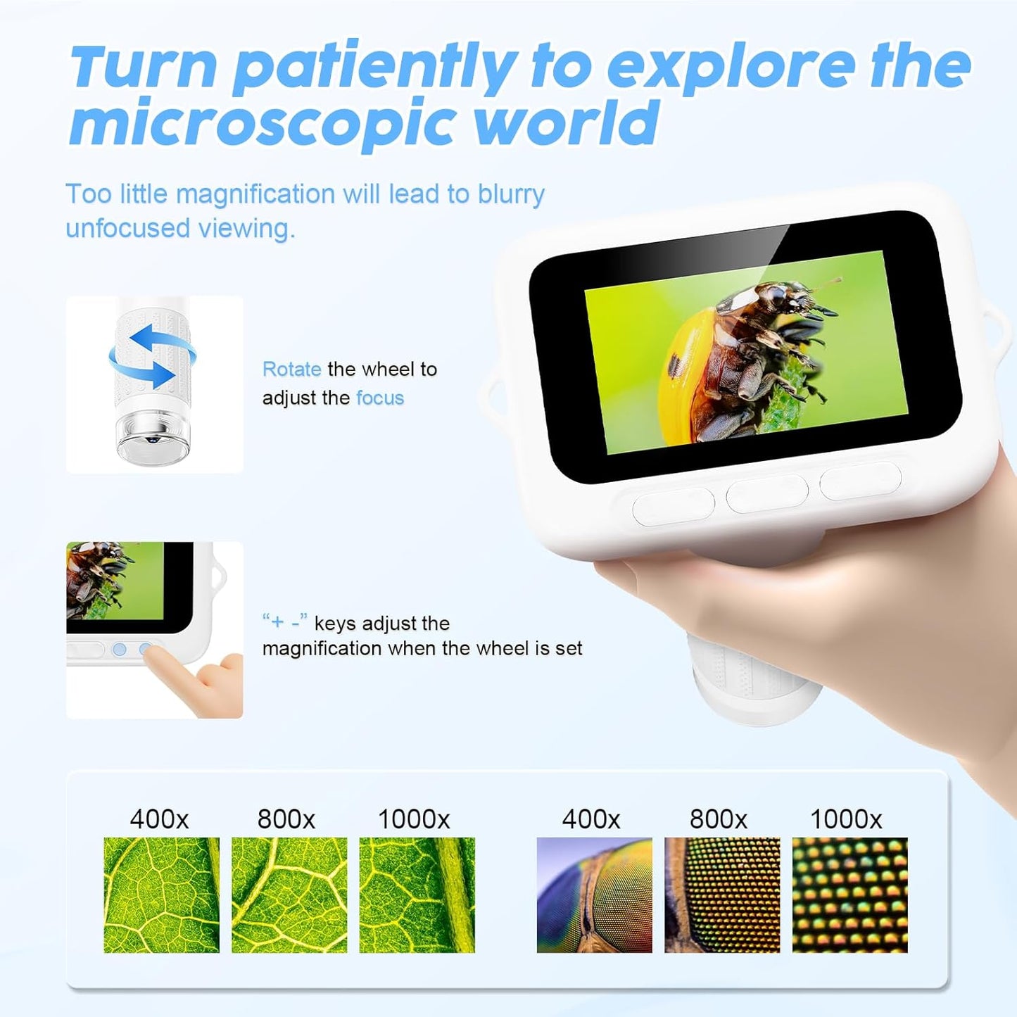 1000X Handheld Digital Kids Microscope with 3.0" IPS Screen, USB-Powered STEM Educational Science Toy with 8 LED Lights & Photo/Video Capture, Portable Learning Gift for Boys & Girls(White)