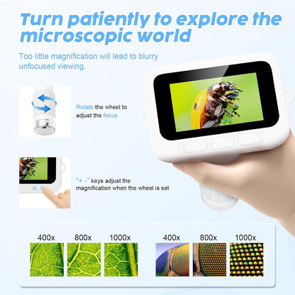 1000X Handheld Digital Kids Microscope with 3.0" IPS Screen, USB-Powered STEM Educational Science Toy with 8 LED Lights & Photo/Video Capture, Portable Learning Gift for Boys & Girls(White)