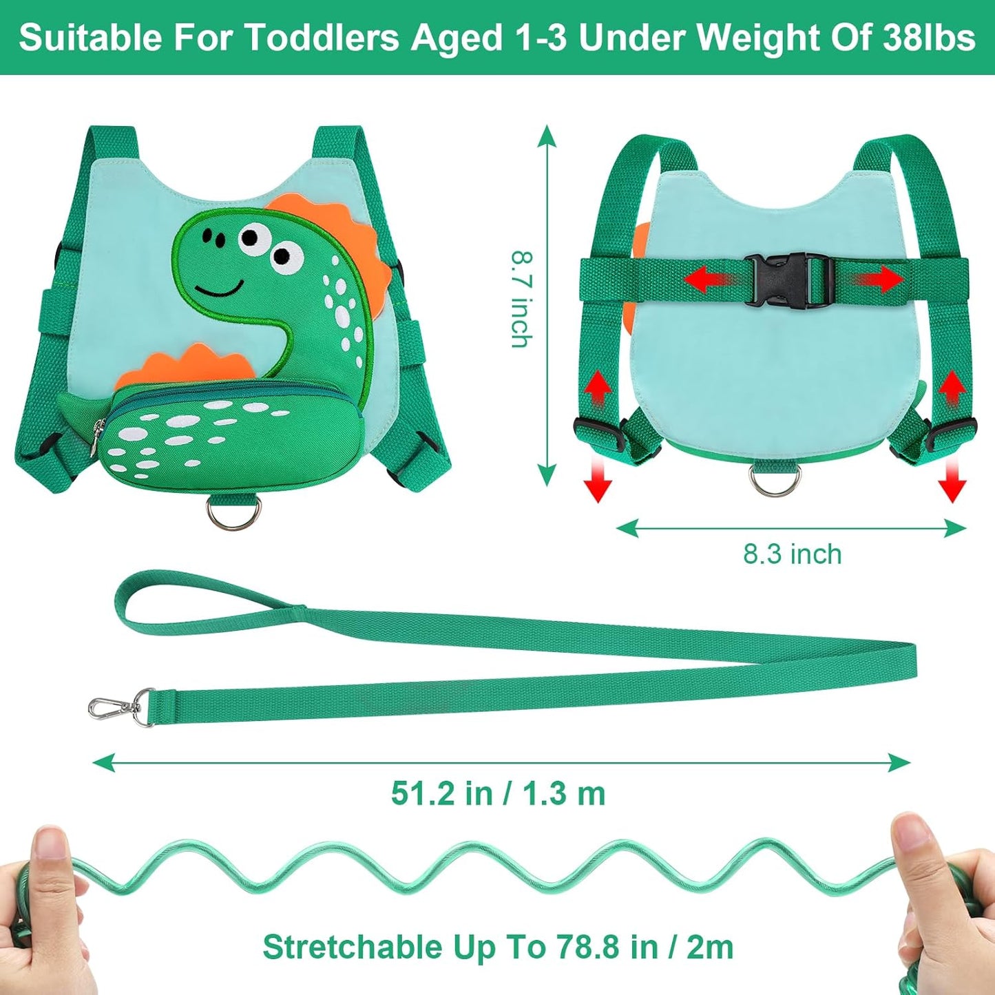 3 in 1 Toddler Harness Leash + Baby Anti Lost Wrist Link, Accmor Cute Dinosaur Child Safety Harness Tether, Kids Walking Wristband Assistant Strap Belt for Parent Boys Outdoor Activity (Black)