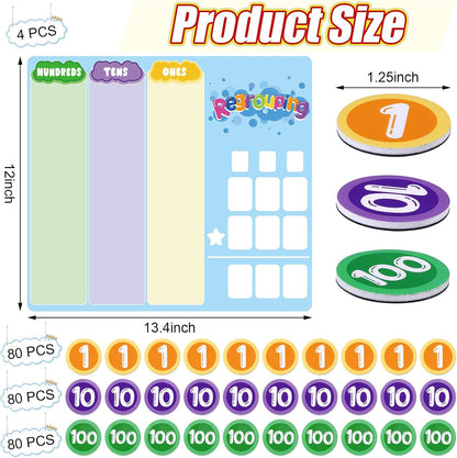 240 Pcs Magnetic Place Value Chart Kit, Math Place Value Manipulatives Regrouping Base Ten Blocks Dry Erase Board for 1st 2nd 3rd Grade Student Classroom Must Haves