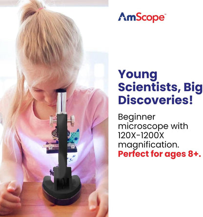 AMSCOPE-Kids 120X-1200X White Metal Arm Starter Kids Student Microscope Kit and Compact Refractor Telescope with Tripod - M30-ABS-KT2-W-TKVB1
