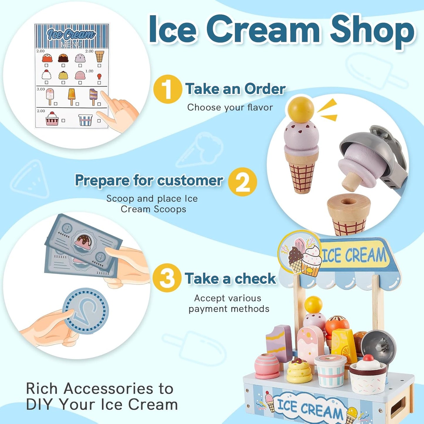 HERSITY Wooden Ice Cream Counter Pretend Play Food for Toddlers 3-5, Ice Cream Shop Stand Popsicle Toy Set Gifts for 3+ 4 5 6 Year Old Girls Boys, Pink