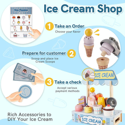 HERSITY Wooden Ice Cream Counter Pretend Play Food for Toddlers 3-5, Ice Cream Shop Stand Popsicle Toy Set Gifts for 3+ 4 5 6 Year Old Girls Boys, Pink