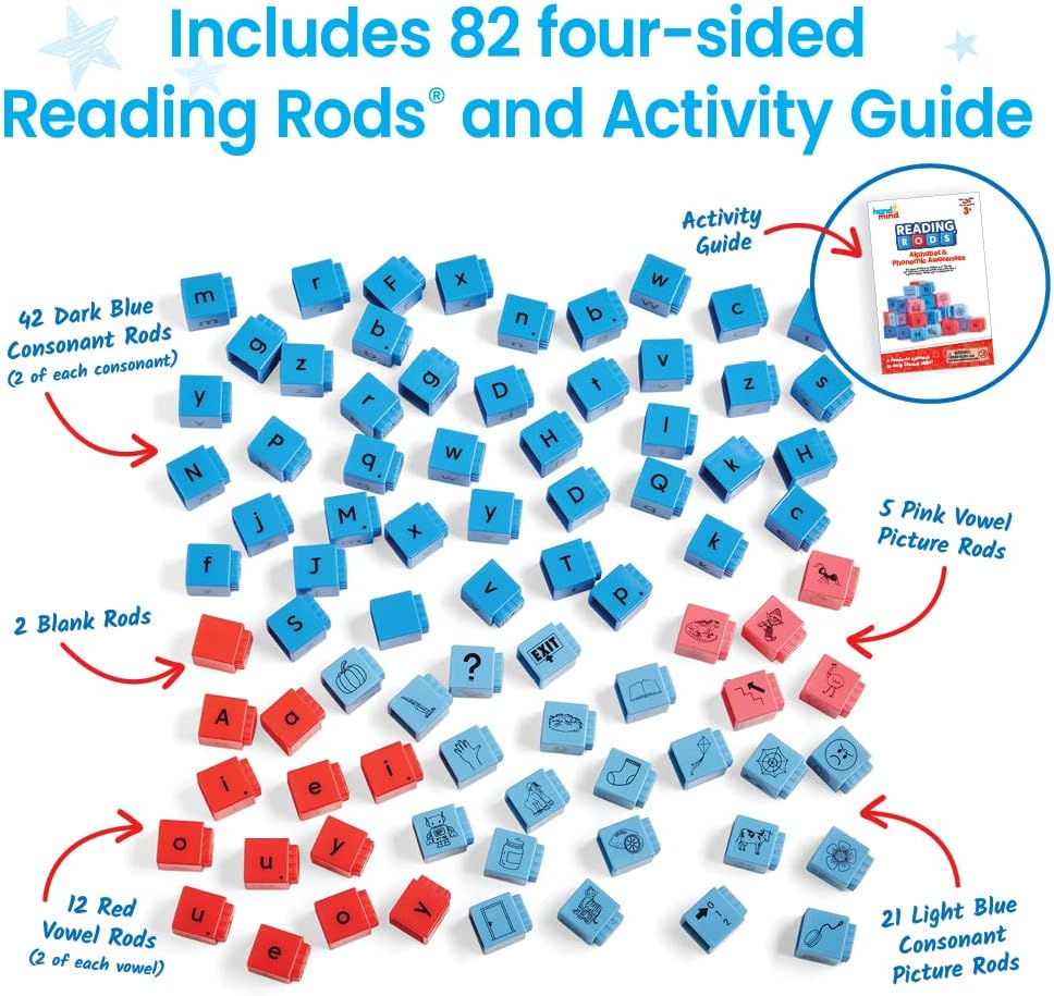 hand2mind Reading Rods Alphabet & Phonemic Awareness, Word Building Activities, Letter Blocks, CVC Words for Kindergarten, Spelling Toys, Reading Tools for Kids, Science of Reading Manipulatives