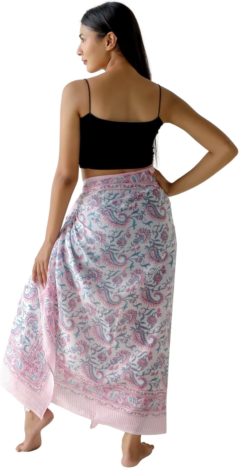 100% Cotton Sarong Cover Up for Women Indian Block Print Beach Wrap Skirt Long Boho Swimsuit Bikini Pareo (73” x 43”)