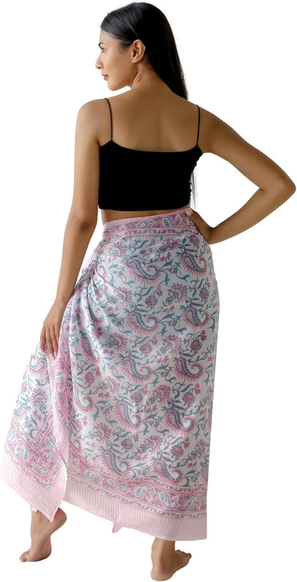 100% Cotton Sarong Cover Up for Women Indian Block Print Beach Wrap Skirt Long Boho Swimsuit Bikini Pareo (73” x 43”)