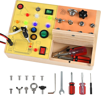 Busy Board with LED Light, Screws and Key, 3-in-1 Montessori Screwdriver Board, Wooden Switch Board, Montessori Toys for Toddler 3 4 5 Year Old, Fine Motor Skill Toys Birthday for Kids