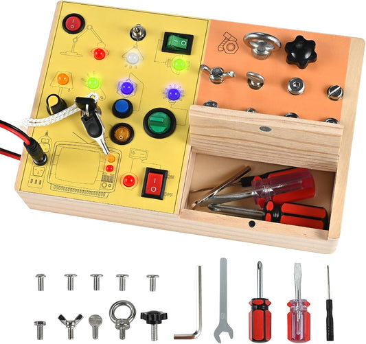 Busy Board with LED Light, Screws and Key, 3-in-1 Montessori Screwdriver Board, Wooden Switch Board, Montessori Toys for Toddler 3 4 5 Year Old, Fine Motor Skill Toys Birthday for Kids