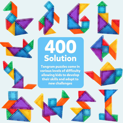 USATDD Travel Tangram Puzzle with 2 Set, Magnetic Pattern Blocks Road Trip Travel Games Jigsaw Montessori Brain Blocks IQ Book with 368 Solution Brain Teasers for Kids Adults Challenge