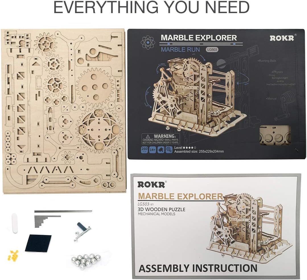 ROKR 3D Assembly Wooden Puzzle Brain Teaser Game Mechanical Gears Set Model Kit Marble Run Set Unique Craft Kits Christmas/Birthday/Valentine's Gift for Adults & Kids Age 14+(LG503-Lift Coaster)