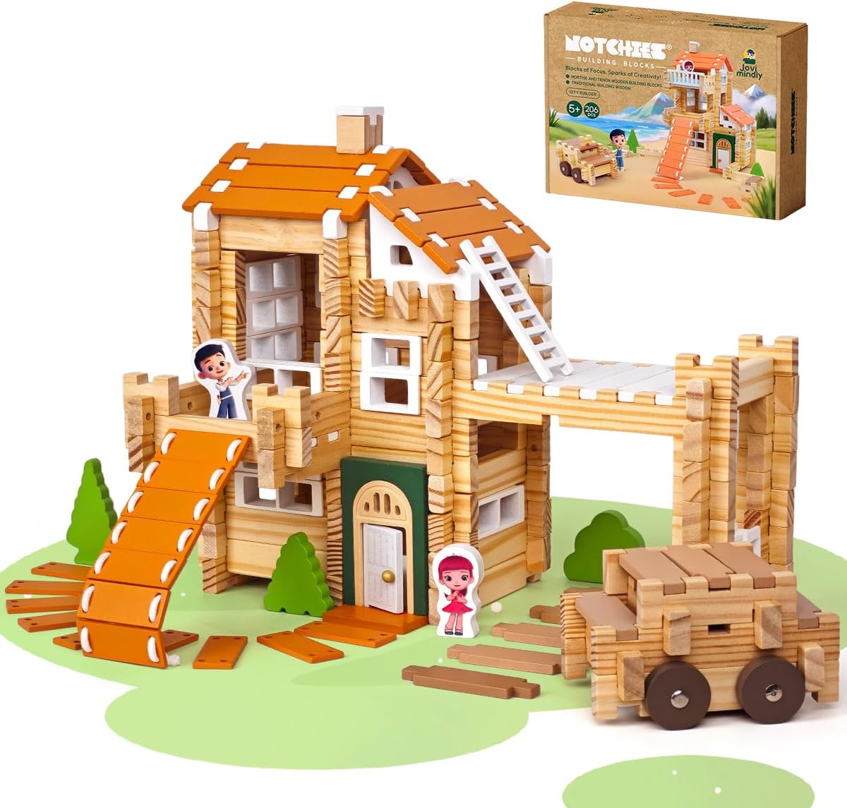 Jovi-mindly＆Notchies 96 PCS Wooden Blocks Wooden Toys with Storage Bag, Preschool Learning Toys Wood Blocks Building for Kids Ages 4-8 Creative Construction Game,FSC Certified,Birthday Toys Gifts
