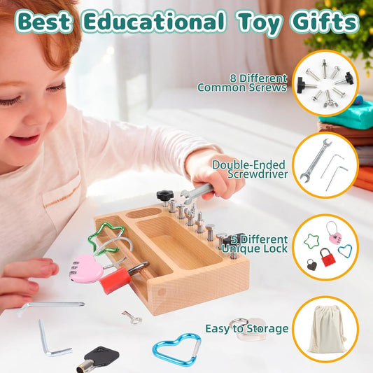 Montessori Screwdriver Board Set Lock and Key Toys Kids Tools Nuts and Bolts Montessori Toys for 3 4 5 Year Old Learning Practical Life Materials Fine Motor Skills Occupational Therapy Games