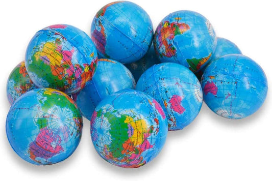 24 Pack Squeezable World Stress Balls for Kids Mini Earth Ball - Pressure Relieving Health Balls Globe Pattern Balls , School, Classroom, Party Favors (2.5" Inches)