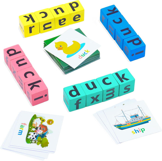 Word Spelling Games, Matching Letter Game for Kids, 20 Wooden Alphabet Blocks with 54 Flashcards, Preschool Learning Activities Toys, Montessori Educational Toys Gifts for Kids Ages 3-8