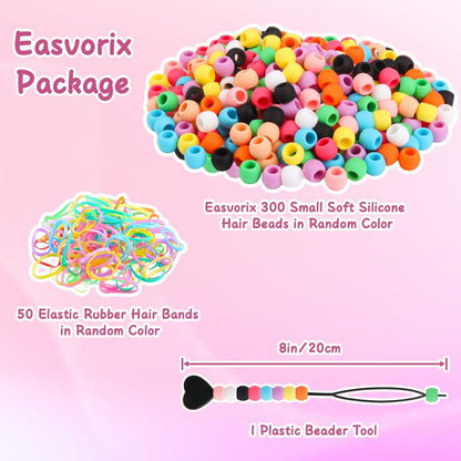 300 Small Silicone Hair Beads for Girls Kids Women, 7*5mm Colorful Soft Mini Silicone Beads for Bracelet, Hair Braids, DIY Crafts, Plastic Quick Beader for Hair Braid, 50 Elastic Rubber Bands