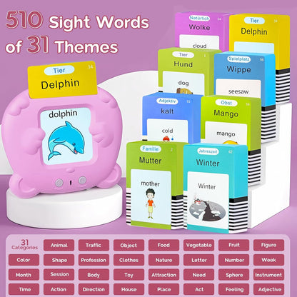 Bilingual English Flash Cards - Korean Talking Flash Cards, 510 Sight Words 31 Themes, Pocket Speech for Toddlers 3-12, Autism Sensory Toys, Preschool Learning Activity (Korean, Pink)