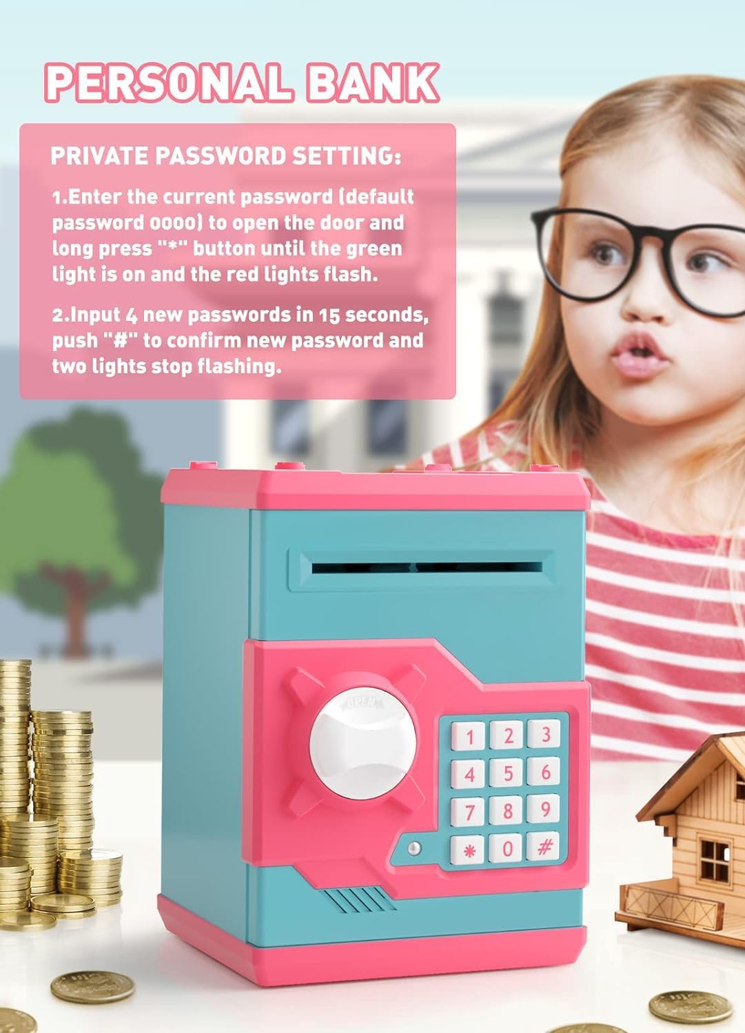 Playsheek Piggy Bank for Girls Boys Large Electronic Money Coin Banks with Password Protection, Automatic Paper Money Scroll Saving Box, Great Gift for Kids(Black-White)
