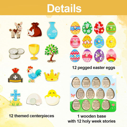 Fancy Land Easter Story Wooden Puzzle 12Pcs Religious Wood Eggs Peg Puzzle Set for Holy Week Christian Gifts Easter Basket Stuffers Sunday School Party Favor Church Activity Classroom Game Supplies
