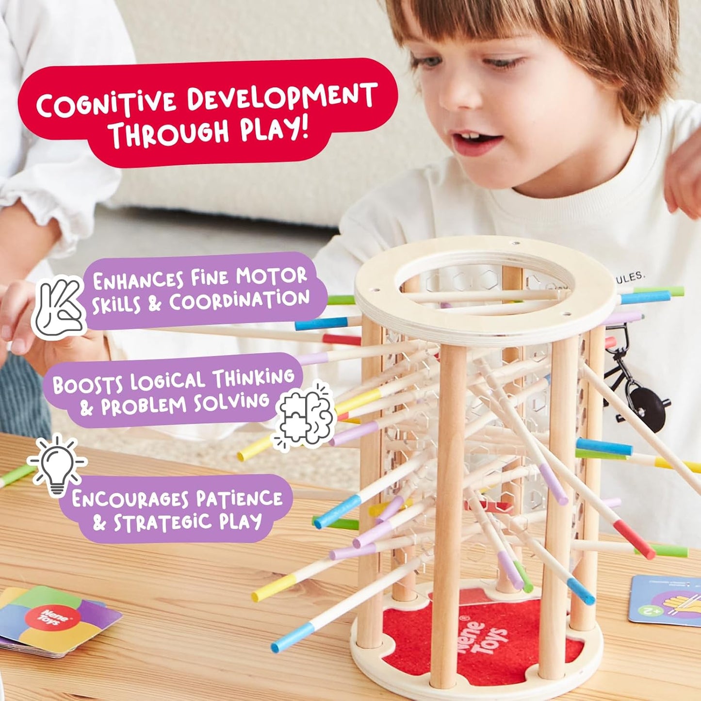 Nene Toys BeeFall Jumbo, 4-in-1 Wooden Honey Bee Toy for Kids Ages 3-9 - Educational Game with Wooden Honeybee Hive, 12 Bees, Colorful Sticks, Dice & Cards - Fun Family Game for Cognitive Development
