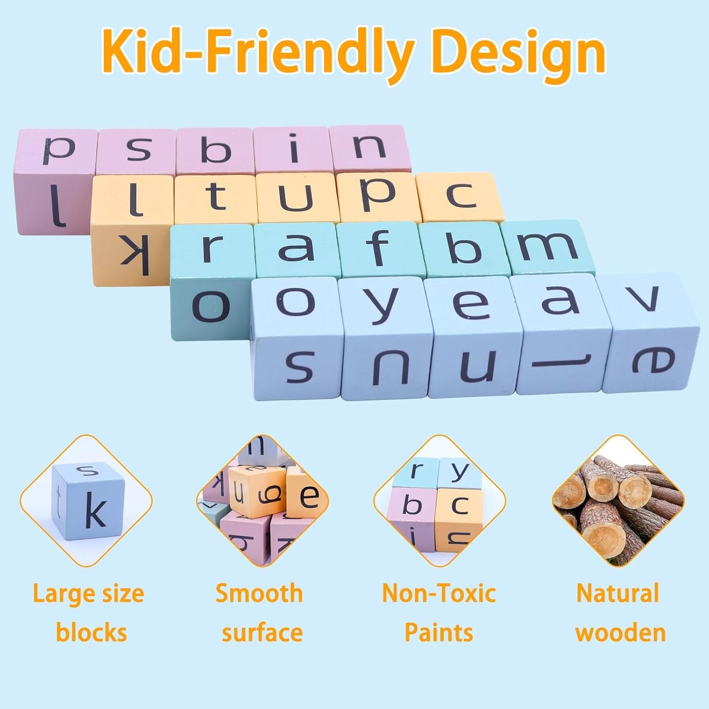 Word Spelling Games, Matching Letter Game for Kids, 20 Wooden Alphabet Blocks with 54 Flashcards, Preschool Learning Activities Toys, Montessori Educational Toys Gifts for Kids Ages 3-8