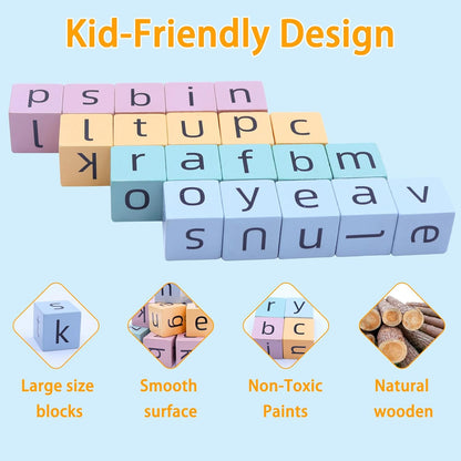 Word Spelling Games, Matching Letter Game for Kids, 20 Wooden Alphabet Blocks with 54 Flashcards, Preschool Learning Activities Toys, Montessori Educational Toys Gifts for Kids Ages 3-8