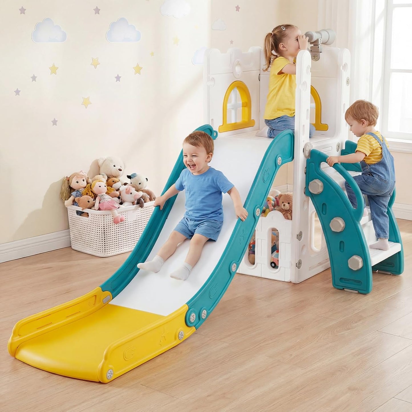 OLAKIDS Toddler Slide and Swing Set, 7 in 1 Kids Indoor Outdoor Playground with Climber Basketball Hoop Telescope Toy Storage for Boys Girls Aged 1+ (Grey)