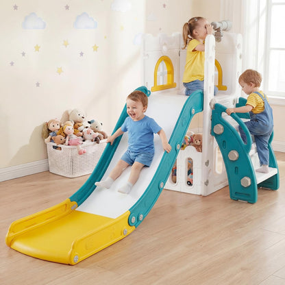 OLAKIDS Toddler Slide and Swing Set, 7 in 1 Kids Indoor Outdoor Playground with Climber Basketball Hoop Telescope Toy Storage for Boys Girls Aged 1+ (Grey)