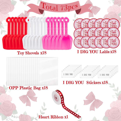Haooryx Valentine's Day Shovels Toy Gift Set - Plastic Shovel Toy White Red Pink Mini Sand Scoop Shovel Toys Valentines Party Gift 18Set Shovels I Dig You Stickers Labels Clear Bags and 1 Heart Ribbon