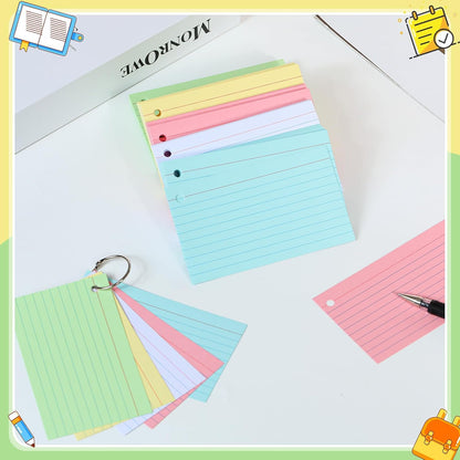 Colored Index Cards 3x5 Inch Heavyweight Flash Cards with Ring Lined Flashcards Note Cards for Studying School Supplies College, 200 Count