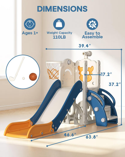 BIERUM Toddler Slide for Kids,6-in-1 Indoor Outdoor Toddler Slides Playground with Basketball Hoop, Golf Game & Telescope, L-Shaped Baby Slide Climber Playset, Cream&Gray