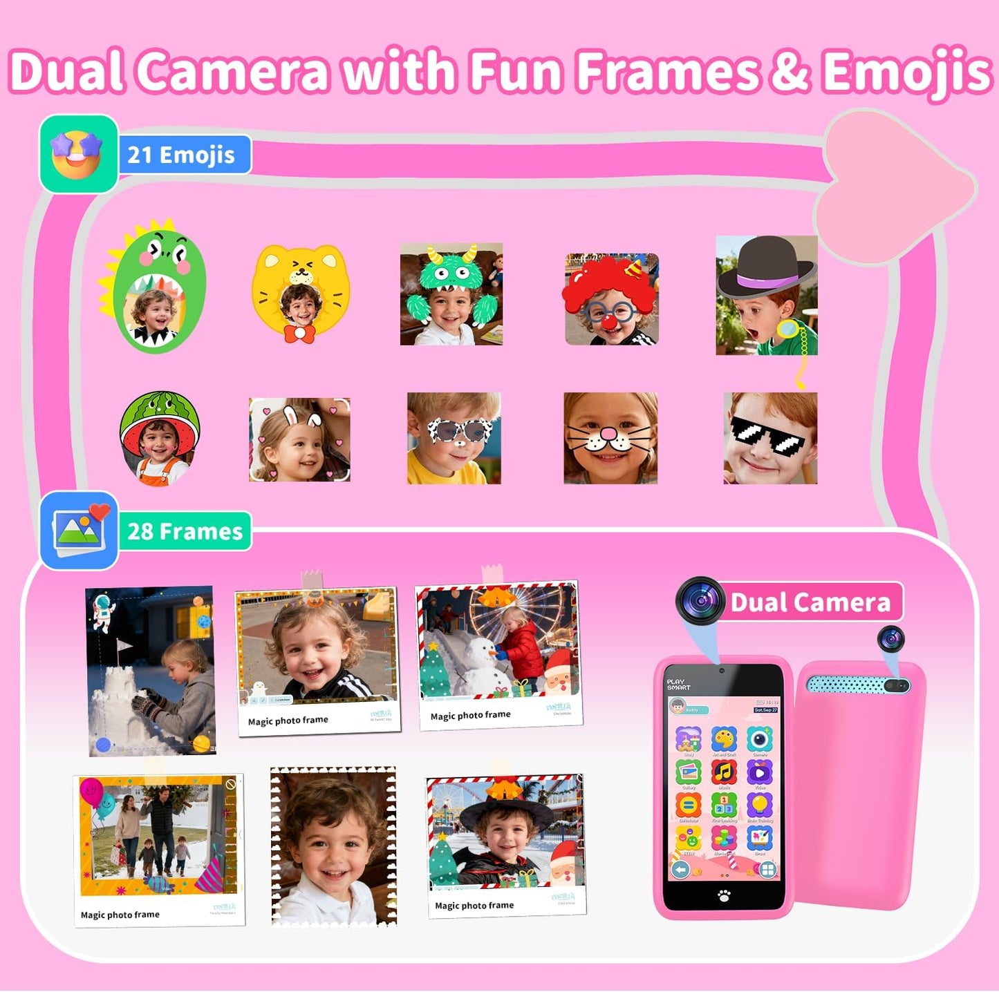 MOMILLA Kids Smart Phone Toys for Girls, 3.97” Touchscreen, Dual Cameras with Stickers, 200+ Games & 16GB Storage, Christmas Birthday Gifts for Kids Age 3-10, Educational Mini Toddler Play Phone Toy