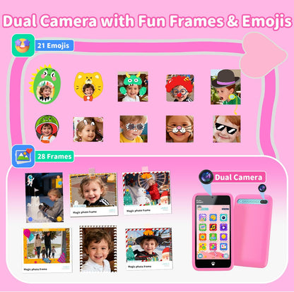 MOMILLA Kids Smart Phone Toys for Girls, 3.97” Touchscreen, Dual Cameras with Stickers, 200+ Games & 16GB Storage, Christmas Birthday Gifts for Kids Age 3-10, Educational Mini Toddler Play Phone Toy
