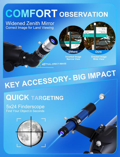 Telescope for Adults High Powered 90mm Aperture 800mm (32X-240X), Refractor Telescopes for Astronomy Beginners with AZ Mount Tripod, Phone Adapter, Carry Bag (80090white)