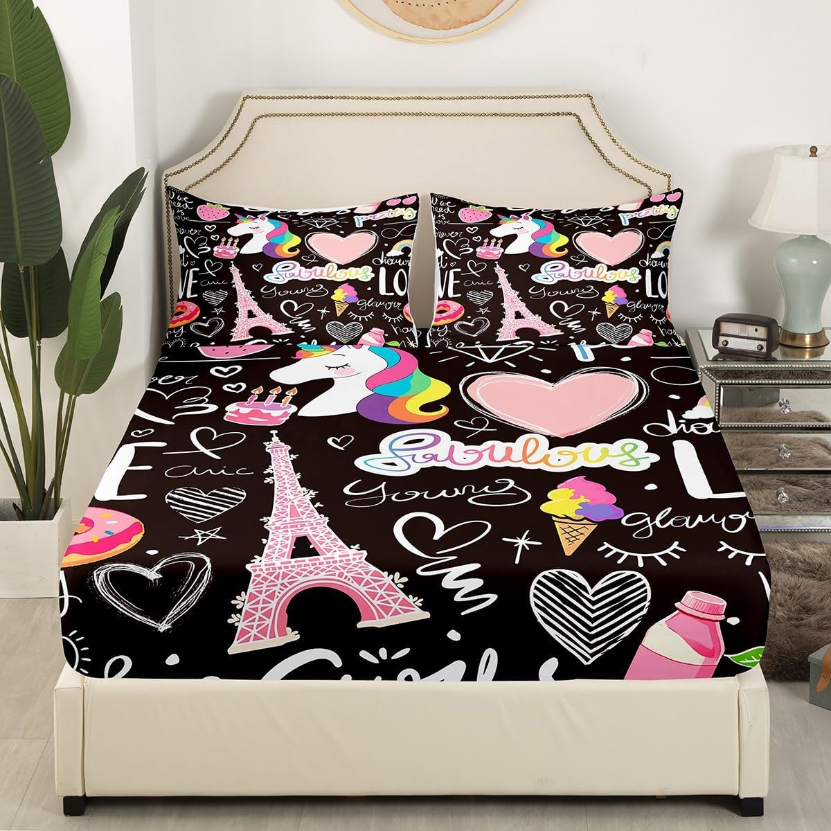 Manfei Musical Kids Fitted Sheet Full Size, MusicalGuitar Radio Drum Kit Headset Print Bedding Set 3pcs for Boys Girls, Rock Music Bed Cover with 2 Pillowcases, Soft Polyester Bedding, No Top Sheet