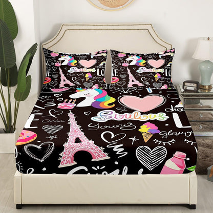 Manfei Musical Kids Fitted Sheet Full Size, MusicalGuitar Radio Drum Kit Headset Print Bedding Set 3pcs for Boys Girls, Rock Music Bed Cover with 2 Pillowcases, Soft Polyester Bedding, No Top Sheet