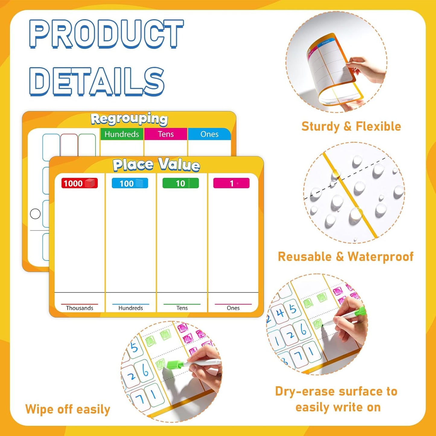 24Pcs Place Value Chart Dry Erase Flash Cards Double Sided Addition Subtraction Cardboard Math Whiteboard Math Manipulatives Teacher Portable Tool 12" x 9"