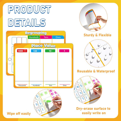 24Pcs Place Value Chart Dry Erase Flash Cards Double Sided Addition Subtraction Cardboard Math Whiteboard Math Manipulatives Teacher Portable Tool 12" x 9"
