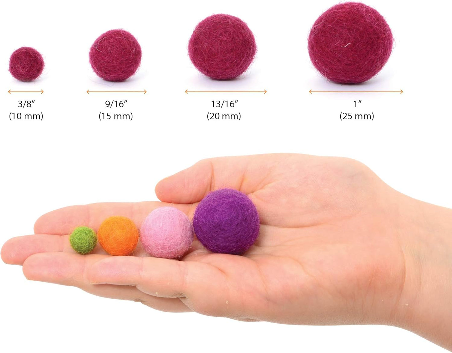 Glaciart One Wool Felt Balls (50 Pieces) 2.5 Centimeters - 1 Inch, Handmade Felted 5 Valentines Colors (Baby Pink, Medium Pink, Magenta and More) - Bulk Small Puff for Felting and Garland