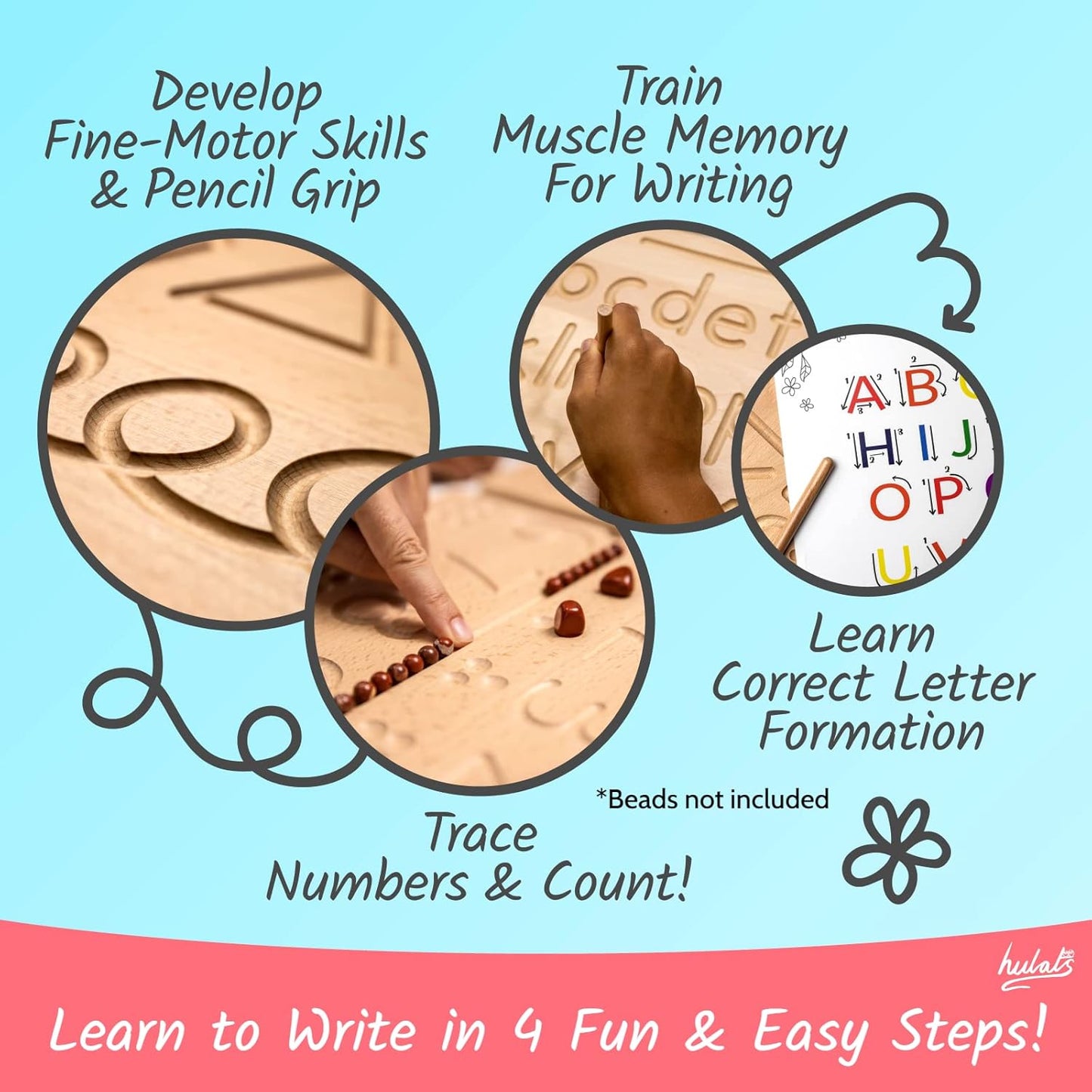 Hulats Learn to Write: Portable Wooden Alphabet Letter Tracing Sensory Pad Board - Toddler Writing Practice for Kids Age 3-5, Montessori Toys for 3+ Year Old, Letter Tracing for Kids 3-5 Writing Tools