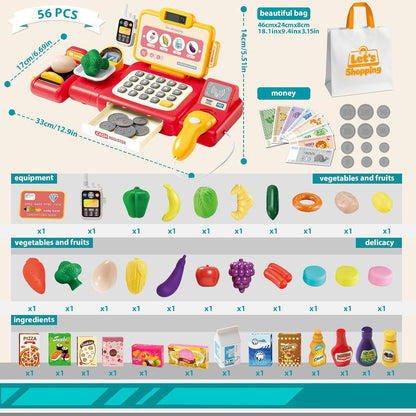 Cash Register Toy for Kids,Toddler Pretend Play Store with Real Calculator,Scanner,Play Food, Money & Credit Card,Supermarket Checkout Set, Math Skills Learning Toys,Birthday Gift for Boys Girls-Red